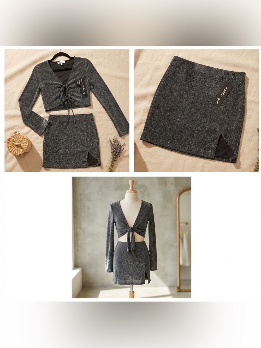 Madden Girl 2-piece set features a shimmering, glittery black finish skirt/top S